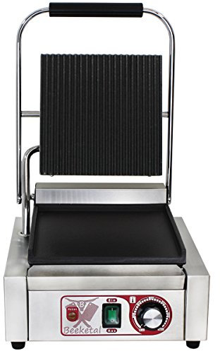 Beeketal 'BKG2' Gastro Kontaktgrill mit Gusseisen Grillpatten (oben gerillt unten glatt) mit Fettauffangschale, Profi Edelstahl Elektrogrill ideal als Panini Grill Maker oder Sandwich Toaster