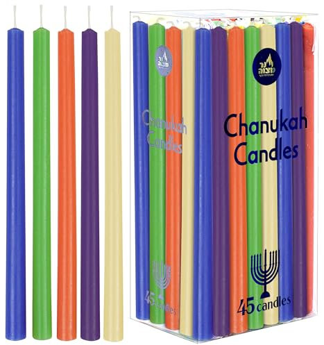 Unten Mitzvah Bunte lange Chanukah Kerzen - Standardgröße Durchmesser passt für die meisten Menorahs - Hochwertiges Wachs - Gemischte Farben - 45 für alle 8 Nächte in Hanukkah