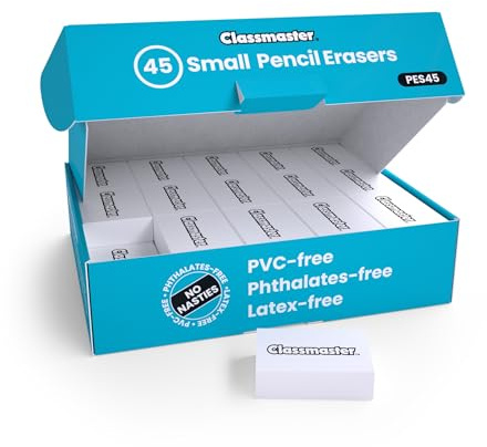 Show-me Classmaster PES45 Pencil Erasers – Small, PVC-Free, Phthalates-Free – White, (Pack of 45)