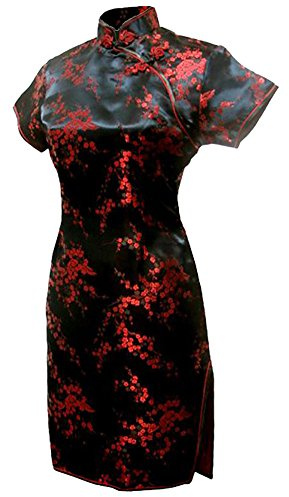 7Fairy Women's Black&Red Floral Mini Chinese Evening Dress Cheongsam Size 12 US