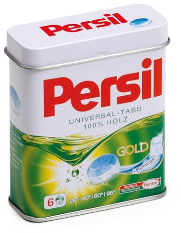 Erzi 21201 Waschmitteltabs Persil aus Holz in der Dose, Kaufladenartikel für Kinder, Rollenspiele