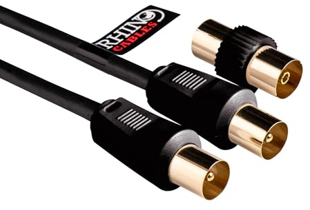 rhinocables Coaxial TV Aerial Cable with Gold-Plated Connectors | Male to Male RF Coax Lead with Female Adapter | Universally Compatible Fly Lead for HD/Standard TVs & Satellite Receivers (5m,Black)