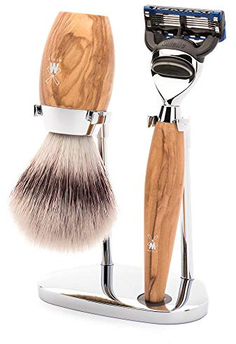 MÜHLE Kosmo 3-tlg. Rasierset mit Systemrasierer, Griff aus edlem Olivenholz | Nassrasur-Set kompatibel mit Gillette Fusion-Klinge, Rasierpinsel Silvertip Fibre vegan, Halterung, für Bart, Gesicht, Körper