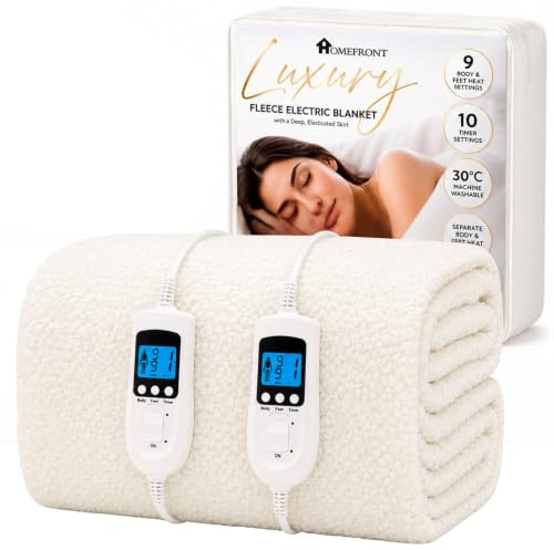 Homefront Electric Blanket Super King Bed Fleece Fitted Heated Mattress Cover - 203 x 182 x 40cm, Elasticated Skirt, Dual Controls, Overheat Protection, Individual Body and foot Control, Washable