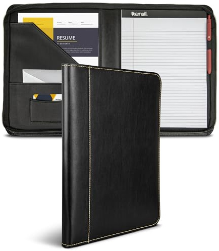 Samsill Contrast Stitch Leather Zippered Portfolio Folder/Business Portfolio for Men and Women, Resume/Document Organizer with Writing Pad, Black (71720)