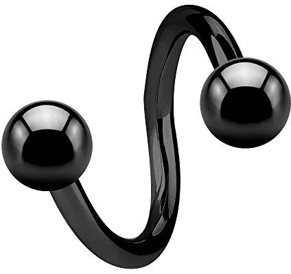 Treuheld® | Schwarzes 1,6 mm Spiralen Piercing - 5 Größen - Spirale mit 2 Kugeln zum Schrauben - Piercing Spiral-Ring in Schwarz aus Chirurgenstahl (Edelstahl)