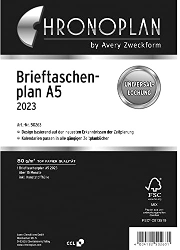 Chronoplan 50263 kalenderinlägg 2023, plånbok i A5-format (156 x 210 mm), ersättningskalender, universellt hål för upphängning i A5-ringmekanik (15 månader, 1 månad på 2 sidor), vit