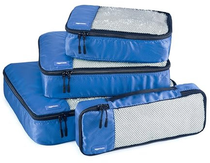 Amazon Essentials 4-Piece Packing Cubes Travel Accessories Set, Luggage Organiser with Double Zip, Mesh Top, 100% Polyester, Small/Medium/Large/Slim, Blue (Previously Amazon Basics)