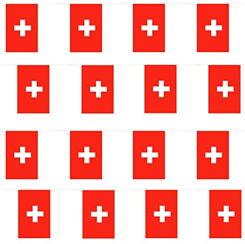 Guirlande de drapeaux suisse de 10 m de long - Drapeau du pays international - 20 x 30 cm - Pour fans de football - Pour tous les temps - Drapeaux du monde entier