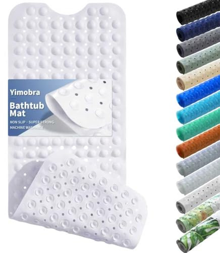 Yimobra Long Bath Tub Mat Non-Slip 40x16, Super Strong Suction Cups, Shower Mat with Drain Holes, Machine Washable Bathroom Floor Mat, Bathroom Essentials, White