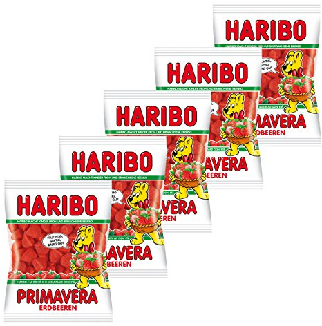 HARIBO Fraises Primavera, Lot de 5, Caoutchouc - Babyours - Vin en Caoutchouc, Fruit Caoutchouc en Sachet, Pochette