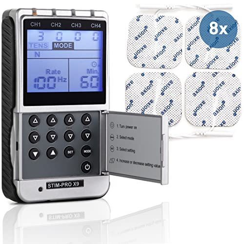 TENS EMS 4 Kanal Kombigerät STIM-PRO X9+ und 8 Stk 5x5 cm Elektroden-Pads, Schmerztherapie, Muskelaufbau und Massage für Bauch, Rücken, Nacken, Schulter usw. - Zertifiziertes Medizinprodukt - axion®
