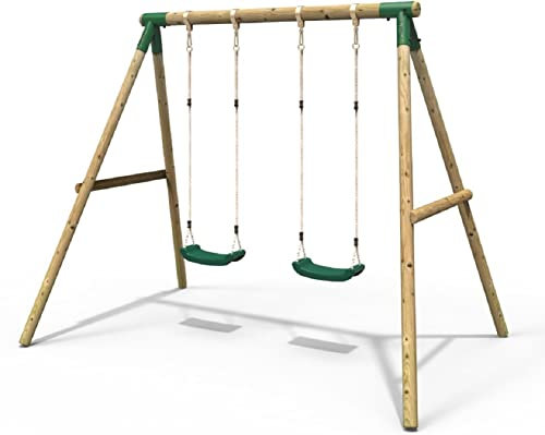 Rebo® Children's Wooden Garden Swing Set - Venus | OutdoorToys | Pressure Treated Timber, Soft Feel Ropes, Two Green Swing Seats, Sturdy Construction for Kids