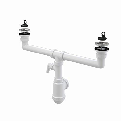 Siphon für Doppelspülbecken mit Anschluss an Spülmaschine oder Waschmaschie Rostfreies Gitter DN 70 Universal DN40/50 Ablaufgarnitur Ablauf Doppelbecken Spüle