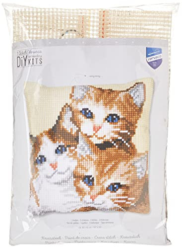 Vervaco Kreuzstich Stickpackungen Kissen Stickerei Set Anfänger Vorgedruckt 3 Kätzchen DIY Set Kreativ Set Für Erwachsene Dekoratives Kissen ca. 40 x 40 cm Bastelset Handwerker Haus Dekoration
