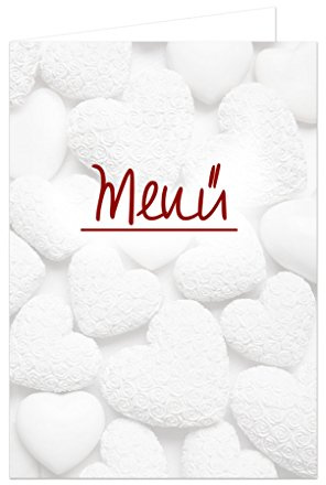Logbuch-Verlag 20 leere Menükarten beschreibbar & bedruckbar - Speisekarten DIN A5 mit weißen Herzen - Menü Klappkarten als Hochzeitsdeko