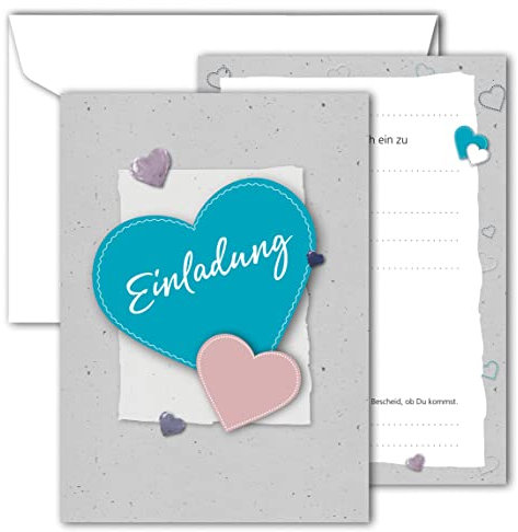 RotfuchsDesign – Einladung mit Herz, 12 Einladungskarten, Geburtstag, Party, Jubiläum, Abschied, Erwachsene, Frau, Mädchen, zum Ausfüllen, mit Umschlägen, modernes Design, DIN A6