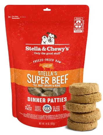 Stella & Chewy's Freeze-Dried Raw Dinner Patties - Beef Recipe - High Protein Grain-Free Puppy & Dog Food - Perfect For Picky Eaters - 14 oz