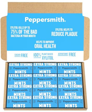 Peppersmith - Extra Strong Mints - Sugar Free Mints - 100% Plant Based Xylitol - Natural Sweetener - Natural Eucalyptus - Freshens Breath - Benefits Oral Health - Pocket Packs - 12x15g