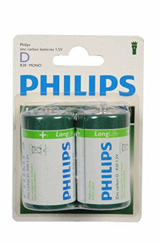 Philips Mono D Battery Pack of 2 Longlife R20 Zinc Chloride 1.5 V Voltage