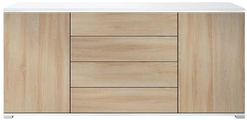 Vladon Buffet Faro V2, Commode avec 2 Portes et 4 tiroirs, Blanc Mat/chêne Brut (166 x 72 x 35 cm)