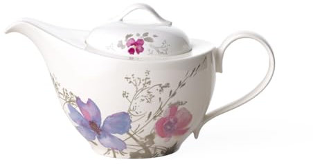 Villeroy und Boch Mariefleur Gris Basic Teekanne, stilvolle Kanne mit filigranem Blumendekor aus Premium Porzellan, spülmaschinenfest, 1.2 L