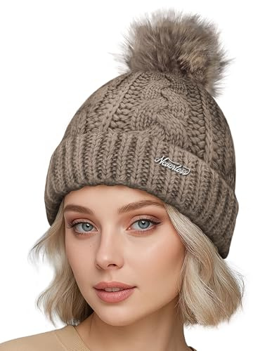 Neverless® Damen Strickmütze mit Pompom Zopfstrickmuster Bommelmütze gefüttert mit Fleece Wintermütze Model 1979