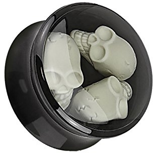 Paula & Fritz® Double Flared Flesh Ohrstoepsel Piercingschmuck Plug Ohr-Piercing Sattel-Tunnel Acryl schwarz mit eingeschlossenen 3D Totenschädeln 10-24mm PA62_10_FBS