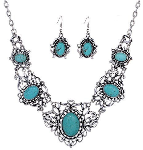YAZILIND Hohl Tibetischen Silber Grün Rimous ovale Türkis-Schellfisch -Kragen Ohrringe Halskette Schmuck-Set Frauen (Rock & Gothic & Fantasy)
