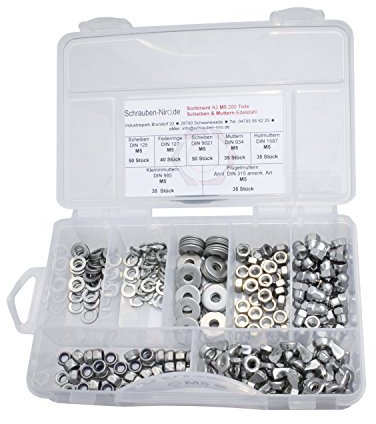 Sortiment Muttern und Scheiben M5 Edelstahl V2A Muttern DIN 934, Hutmuttern DIN 1587, Klemmmuttern DIN 985, Flügelmuttern ähnl. DIN 315, Scheiben DIN 125 u. DIN 9021 und Federringe DIN 127 , alles in A2, VA bzw. Nirosta, 280 Teile