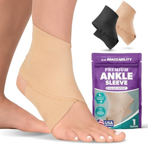 BraceAbility Elastic Ankle Support Brace - Lightweight Slip on Foot and Ankle Compression Sleeve for Gymnastics, Dance, Sports, Running, Exercise, and Sprained Ankle Swelling for Women and Men (Beige, X-Large)