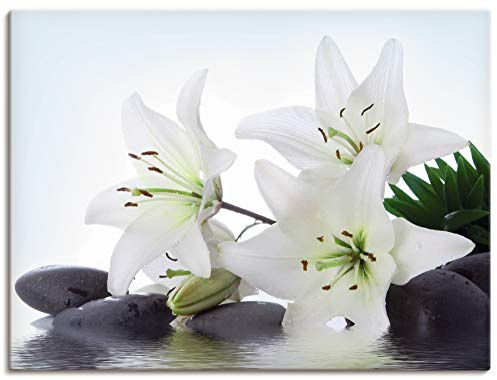 ARTLAND Wanddeko Leinwand Bilder Wandbild 80x60 cm Madonna-Lilien und Spasteine im Wasser in weiß T5LS