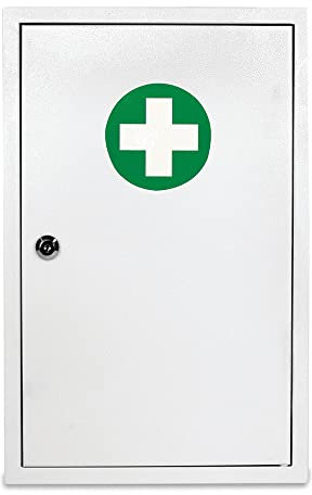 Reliance Medical White Sofia Metal Wall First Aid Emergency Cabinet. Wall Mounted Medical Cabinet To Store Supplies In 2 Spacious compartment - Contains Security Lock. Supplied With a Set of 2 Keys.