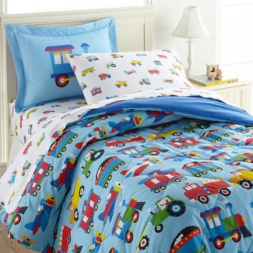 Wildkin Kids Cotton Twin Comforter Set – Lightweight, Fits Twin Mattress, One Pillow Shams Included - Trains, Planes, and Trucks