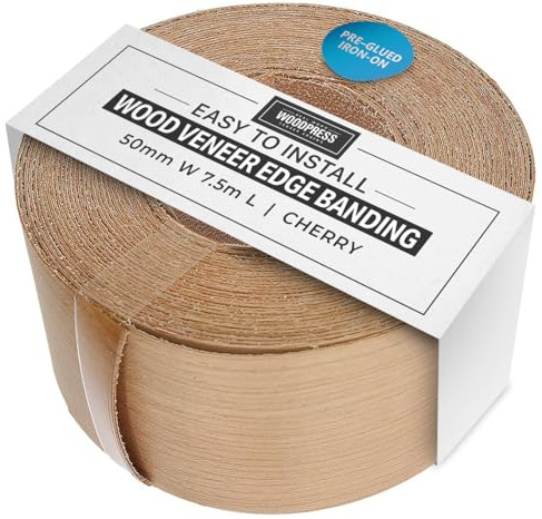 Cherry Holz Furnier Einfassung/Furnier Rand Streifenbildung Klebeband (50 mm Breite x 7,5 m länge) – Superior Grade serienmäßig DIY zum Aufbügeln (Hotmelt) PE & geschliffen Furnier Einfassung Rollen