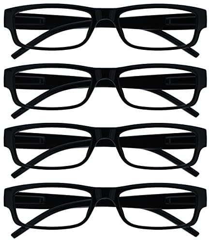 OPULIZE ACE Lesebrille für Damen und Herren - 4er-Pack - Schmaler Rechteckiger Rahmen - Komfort Federscharniere - Kratzfest - Schwarz UVR +1.00