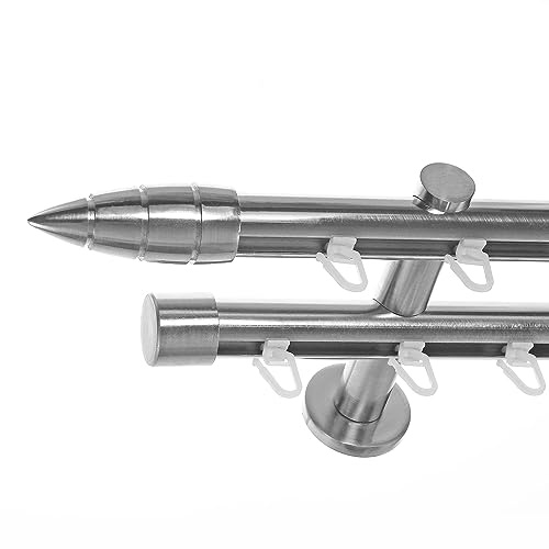 BASIT Gardinenstange Innenlauf Edelstahllook 20mm 2-läufig Wand 200cm H40 | Gardinenstangenset doppelläufig Wandmontage Metall Vorhangstange Wandhalterung 120-600cm wählbar Kappe Spitze E81