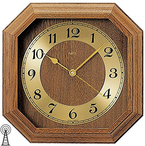 Funk-Wanduhr aus Eiche Holz Mineralglas Funkuhr rustikal mit gold