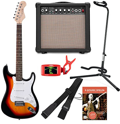 Rocktile Sphere Classic Sunburst E-Gitarre Set (E-Gitarre in ST-Design mit 3 Tonabnehmer und Tremolo, inklusive Verstärker, Ständer, Stimmgerät, Gurt und Gitarrenkabel) Sunburst