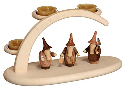 Seiffener Volkskunst Leuchterbogen mit Gnomen aus Edelholz, Länge 25 cm, natur, original Erzgebirge SV 15301