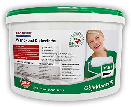 Profhome Wandfarbe 300-31-AP Objektweiß Innenfarbe Farbe hochergiebig gut deckend matt weiß 12,5 L Eimer für max. 80 qm Profhome