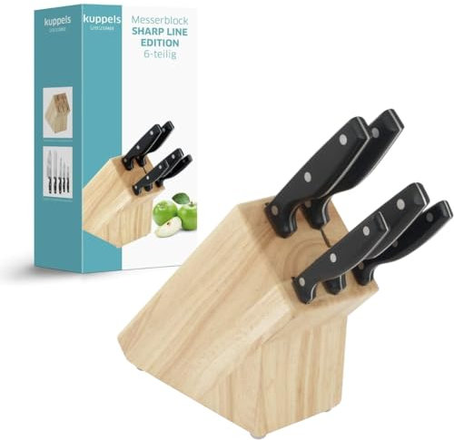 Kuppels SHARP LINE Messerblock inkl. Messer-Set, rostfrei & poliert, Küchenmesser, Tomatenmesser, Ausbeinmesser, Brotmesser & Kochmesser, Gummibaum-Holz, Edelstahl, Braun/Silber, 6-teilig