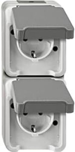 Schneider Electric Merten Schuko-Steckdose, 2-fach, MEG2328-8029 | Senkrecht, Aufputz, Berührungsschutz, IP44, Aquastar, lichtgrau