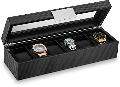 Glenor Co Uhrenbox für Herren mit Glasdeckel, luxuriöses Karbonfaser-Design, Uhrenhalter für Herren, mit Metallakzenten und stabilen Scharnieren, moderne und maskuline Uhrenvitrine