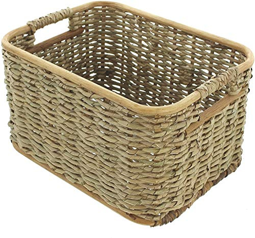 Aufbewahrungskorb aus Rattan & Schilfstroh, klein, 33x25x19 cm, Wäschekorb | dekorativer Korb mit Griffen, Flechtkorb, Schrankkorb, Regalkorb, Badkorb