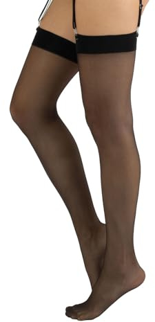 CALZITALY Thigh High Suspender Stockings, Sheer Stockings for Suspenders | S, M, L, XL, 2XL, 3XL, 4XL | Black, Skin, Ivory, White | 15 DEN | Made in Italy (M/L, Black)