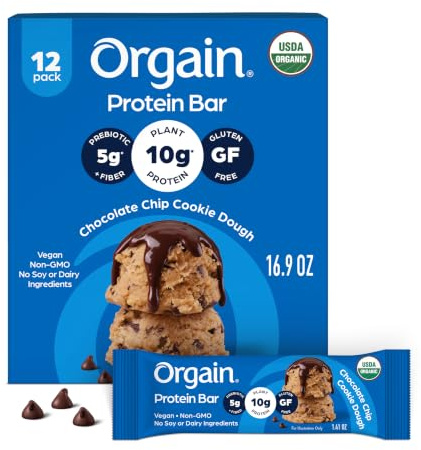Orgain Organic Vegan Protein Bars, Chocolate Chip Cookie Dough - 10g Plant Based Protein, Low Calorie Healthy Snacks, No Lactose or Soy Ingredients, Gluten Free, Non-GMO - 1.41 Oz (Pack of 12)