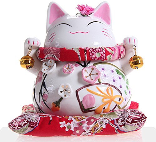 Goodwei Maneki-Neko Glückskatze als Spardose, Winkekatze aus feinem Porzellan (M)