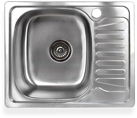 Stabilo-Sanitaer Einbauspüle aus hochwertigem Edelstahl, eckiges Spülbecken mit kleiner Abtropffläche rechts, Küchenspüle Ablaufsieb mit integriertem Ablauf-Stopp