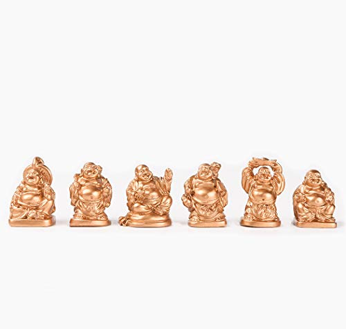 Brass Statu BRABUD 1'' Gold Laughing Buddha Figurines Collection Gift Home Office Desk Decor Flower Pot Statue Decoration Set of 6 (Mini Gold)